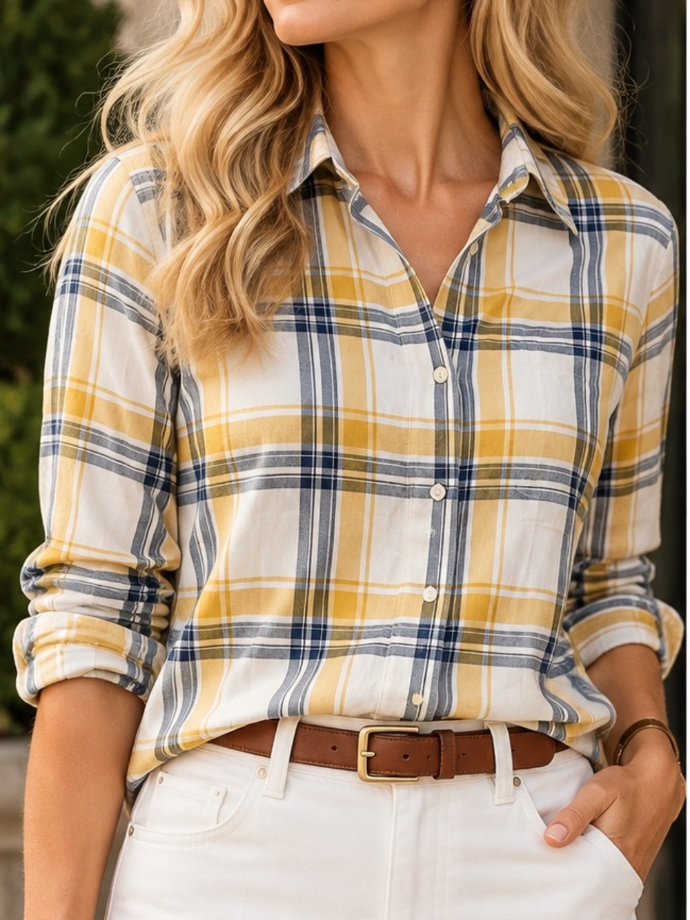 Barbour Newton Plaid Button Down Shirt Yellow Navy Preppy Coastal Size 4 - Picture 9 of 9